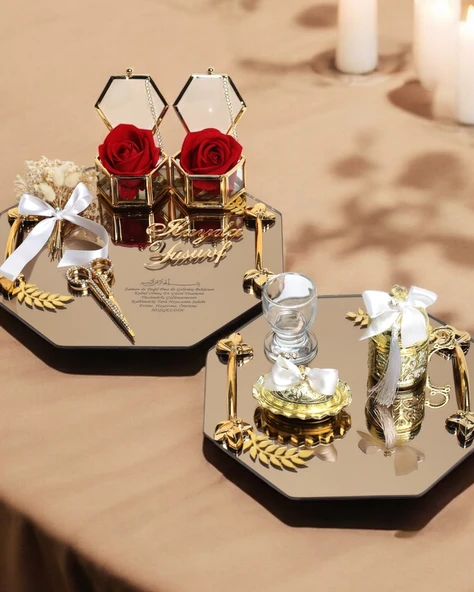 Affinity Sekizgen Gold Söz Nişan Tepsisi ve Damat Kahve Fincan Tepsisi  Beyaz ürün görseli 1