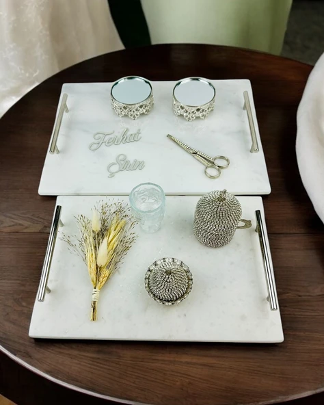 Gümüş Mermer Söz Tepsisi ve Damat Kahve Fincan Tepsisi  Beyaz ürün görseli 1