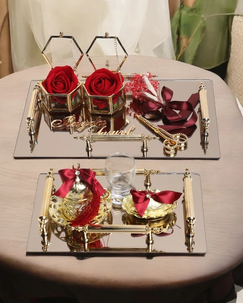 Reverence Gold Söz Tepsisi ve Damat Tepsisi Seti  Kırmızı ürün görseli 1