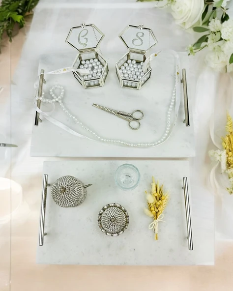 Gümüş Mermer Söz Tepsisi ve Damat Kahve Fincan Tepsisi  gold ürün görseli 1