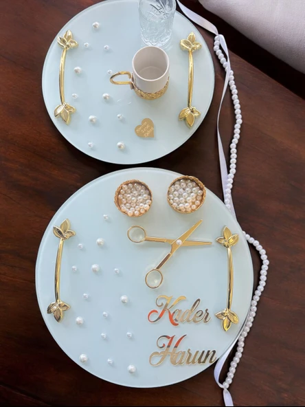 Beloved Gold Beyaz İncili Söz Tepsisi Nişan Tepsisi ve Damat Kahve Fincan Tepsi Seti  Beyaz ürün görseli 1