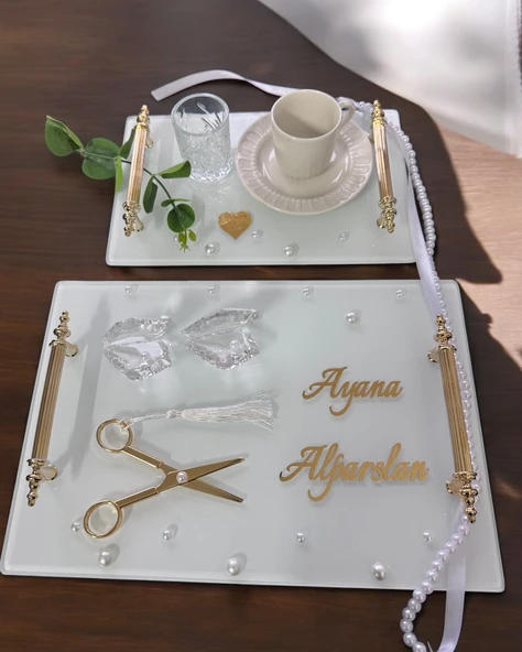 Bonding Gold Beyaz İncili Söz Tepsisi Nişan Tepsisi ve Damat Kahve Fincan Tepsisi  Beyaz ürün görseli 1