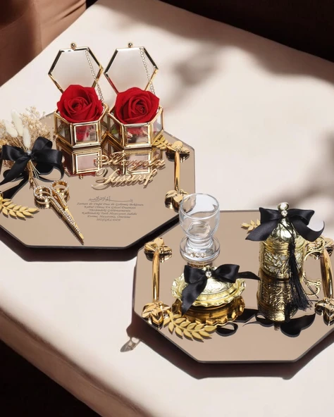 Affinity Sekizgen Gold Söz Nişan Tepsisi ve Damat Kahve Fincan Tepsisi  Siyah ürün görseli 1