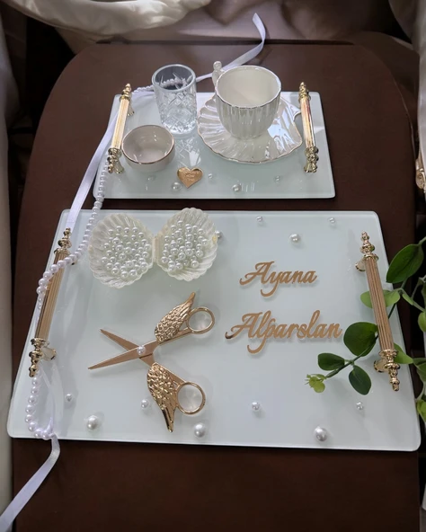 Bonding Gold Beyaz İncili Söz Tepsisi Nişan Tepsisi ve Damat Kahve Fincan Tepsisi  BORDO ürün görseli 1