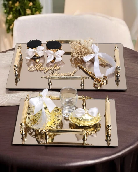Gold Ayna 4 Kulplu Dikdörtgen Söz Nişan Tepsisi ve Damat Kahve Fincan Tepsisi  Beyaz ürün görseli 1