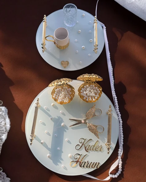 Beloved Gold Beyaz İncili Söz Tepsisi Nişan Tepsisi ve Damat Kahve Fincan Tepsisi  GRİ ürün görseli 1