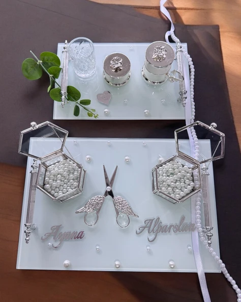 Bonding Gümüş Beyaz İncili Söz Tepsisi Nişan Tepsisi ve Damat Kahve Fincan Tepsisi  Pembe ürün görseli 1