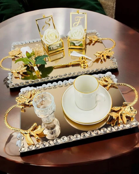 Amour Gold Lüks Swarovski Söz Nişan Tepsisi   lacivert ürün görseli 1