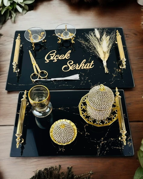 Heartfelt Siyah Desenli Cam Söz Tepsisi  krem ürün görseli 1
