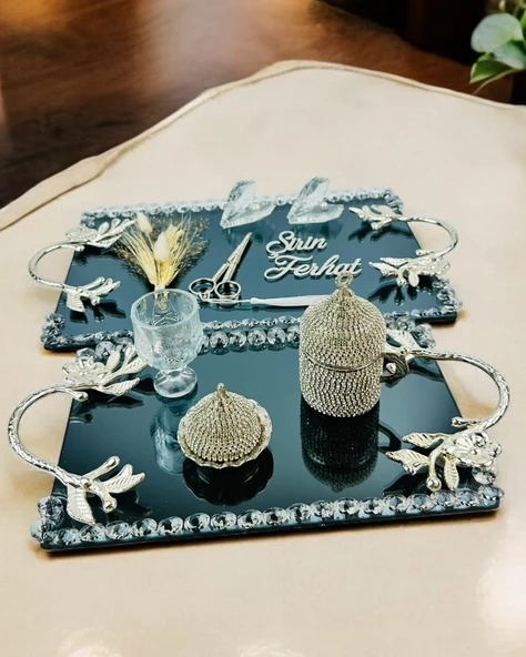 Serenity Gümüş Söz Tepsisi ve Damat Kahve Fincan Tepsisi  GRİ ürün görseli 1