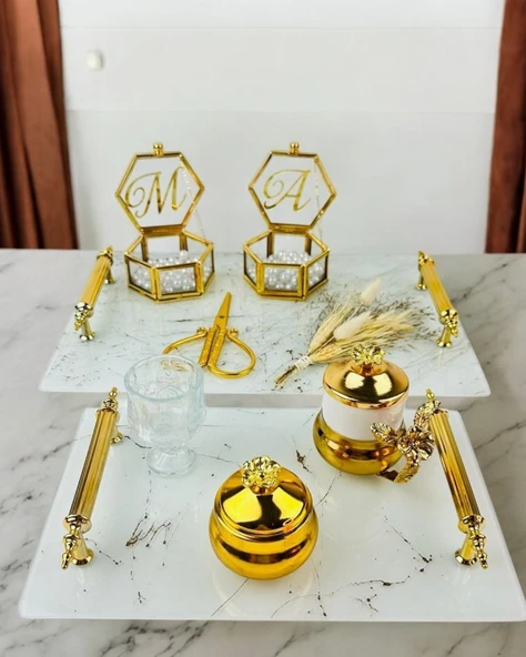 Soulmate Beyaz Desenli Söz Tepsisi ve Nişan Tepsisi  BRONZ ürün görseli 1