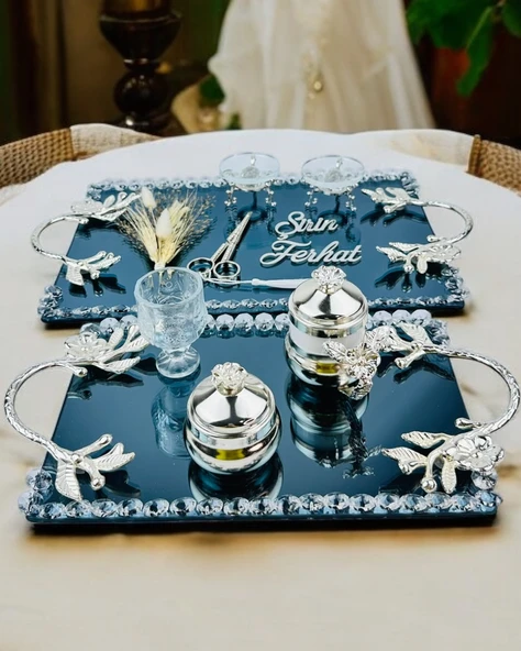 Serenity Gümüş Söz Tepsisi ve Damat Kahve Fincan Tepsisi  BEYAZ-GÜMÜŞ ürün görseli 1