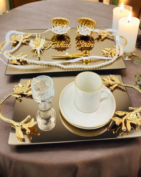 Amour Gold Lüks Swarovski Söz Nişan Tepsisi   Beyaz ürün görseli 1