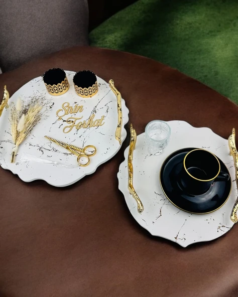 Devotiony Felsefesiyle Gold Polyester Söz ve Nişan Tepsisi   Beyaz ürün görseli 1