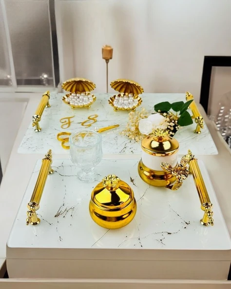 Soulmate Beyaz Desenli Söz Tepsisi ve Nişan Tepsisi  gold ürün görseli 1