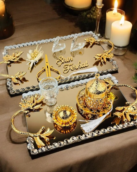 Amour Gold Lüks Swarovski Söz Nişan Tepsisi   gold ürün görseli 1