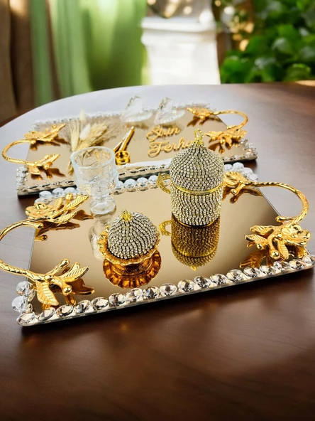 Amour Gold Lüks Swarovski Söz Nişan Tepsisi   Kırmızı ürün görseli 1