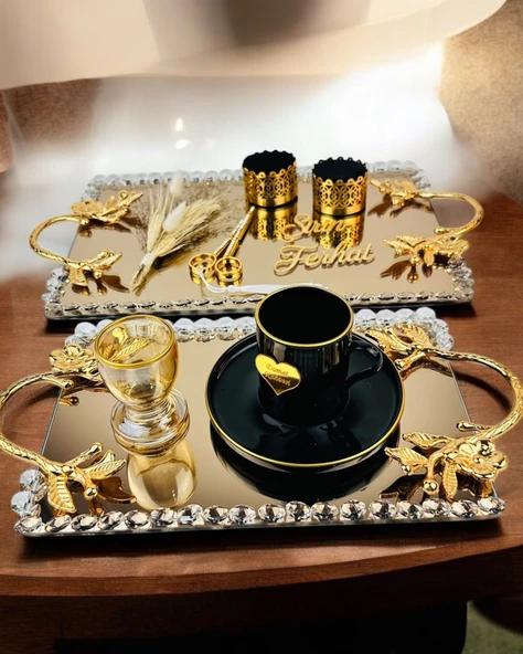 Amour Gold Lüks Swarovski Söz Nişan Tepsisi   krem ürün görseli 1