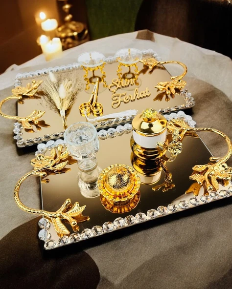 Amour Gold Lüks Swarovski Söz Nişan Tepsisi   Siyah ürün görseli 1
