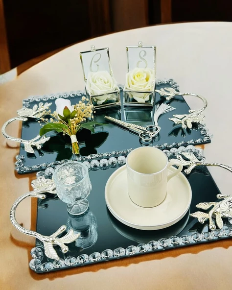 Serenity Gümüş Söz Tepsisi ve Damat Kahve Fincan Tepsisi  krem ürün görseli 1