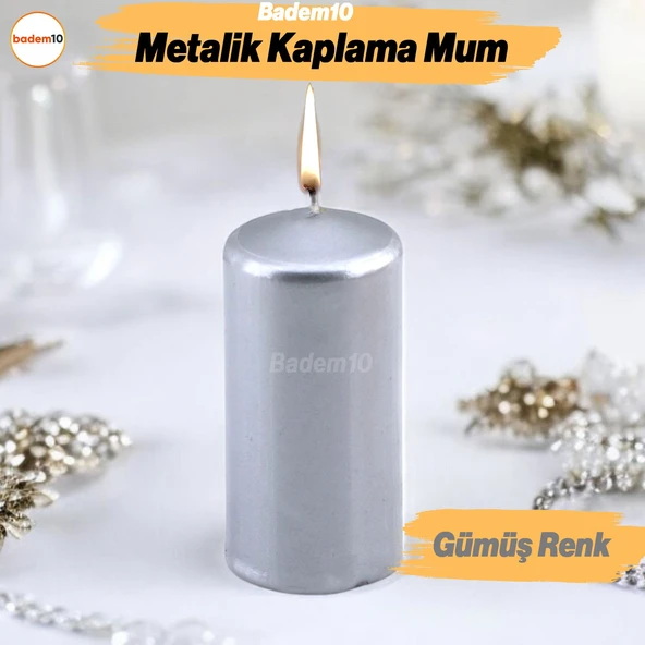 Baton Mum Metalik Kaplama Gümüş Silindir Dekoratif Mumu Kandil Hediyelik Mumlar Şamdan Kokusuz 8 cm ürün görseli 1