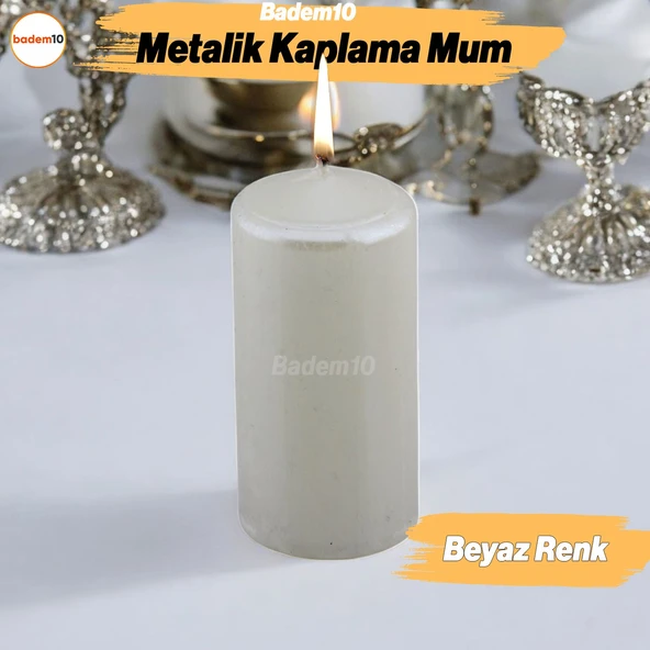 Baton Mum Metalik Kaplama Beyaz Silindir Dekoratif Mumu Kandil Hediyelik Mumlar Şamdan Kokusuz 8 cm ürün görseli 1
