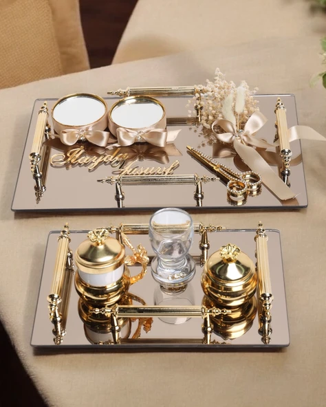 Reverence Gold 4 Kulplu Söz Tepsisi ve Damat Kahve Fincanı  BRONZ ürün görseli 1