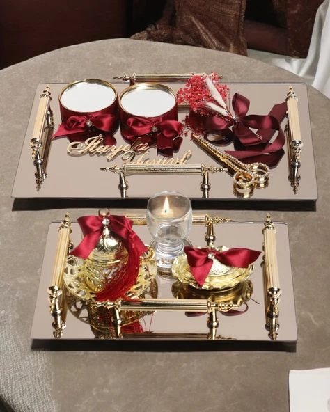 Reverence Gold 4 Kulplu Söz Tepsisi ve Damat Kahve Fincanı  Kırmızı ürün görseli 1