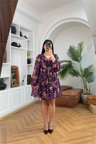 Dipmoda kadın desenli kemer detyalı mini şifon elbise DPMY3585 ürün görseli 1