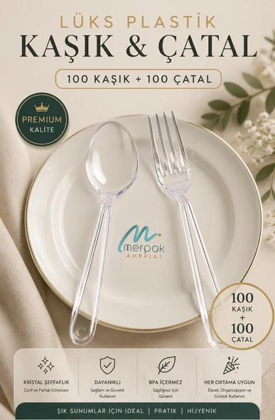 Kalın Sert Plastik Çatal Ve Kaşık Seti 200 Adet Lüks Büyük Plastik Kaşık Ve Çatal Şeffaf ürün görseli 1