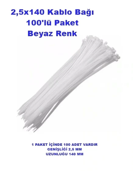 PEMSAN Klips Kablo Bağı 2.5x140 BEYAZ (100lü Paket) Kablo Cırdı ürün görseli 1
