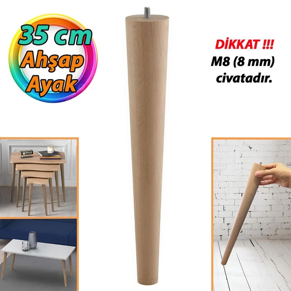 Ahşap Ayak 35 Cm Masa Zigon Sehpa TV Ünitesi Puf Tabure Ayağı Ayakları Konik M8 Civatalı ürün görseli 1