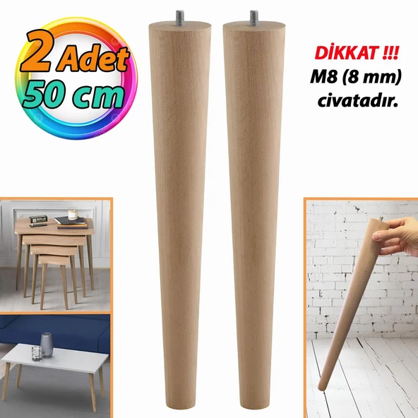 2 Adet Ahşap Ayak 50 Cm Masa Zigon Sehpa TV Ünitesi Puf Tabure Ayağı Ayakları Konik M8 Civatalı ürün görseli 1