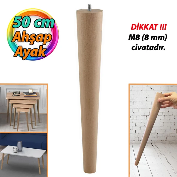 Ahşap Ayak 50 Cm Masa Zigon Sehpa TV Ünitesi Puf Tabure Ayağı Ayakları Konik M8 Civatalı ürün görseli 1