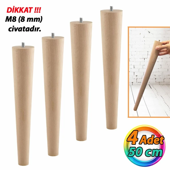 4 Adet Ahşap Ayak 50 Cm Masa Zigon Sehpa TV Ünitesi Puf Tabure Ayağı Ayakları Konik M8 Civatalı ürün görseli 1