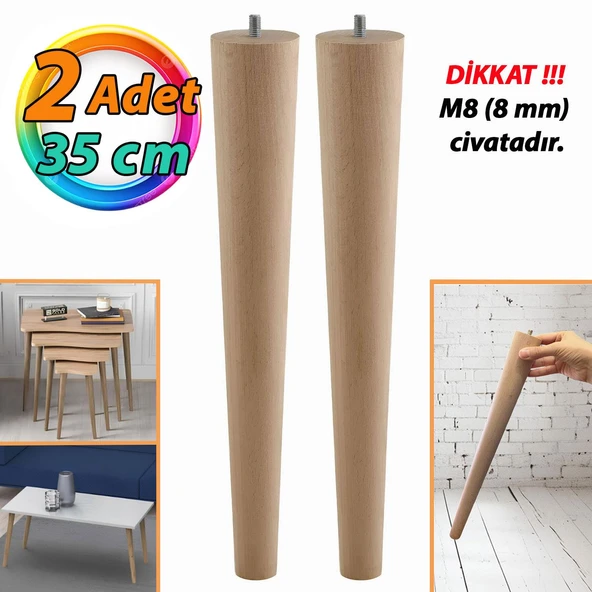 2 Adet Ahşap Ayak 35 Cm Masa Zigon Sehpa TV Ünitesi Puf Tabure Ayağı Ayakları Konik M8 Civatalı ürün görseli 1