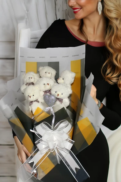 Elegance Peluş Ayıcık Buketi - 6 Adet Yumoş Peluş Ayıcık ve Simli Gümüş Kalp ile Özel Büyük Kutuda ürün görseli 1