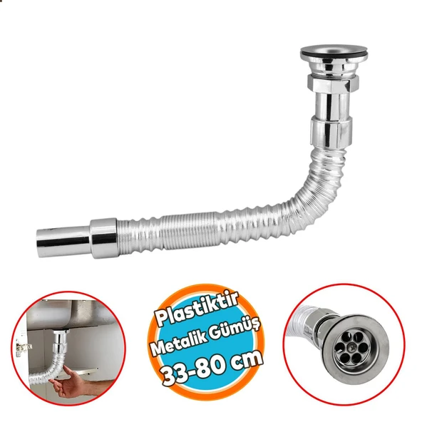 Standart Lavabo Evye Sifonu Uzun Plastik Körüklü Kıvrılabilir 33-80 cm Uzayabilir Krom Renk ürün görseli 1