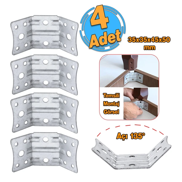 Açılı 135° Köşe Birleştirme Bağlantı Aparatı 4 Adet Mobilya Köşebent Sacı Gönye Metal 35x35x50 mm ürün görseli 1