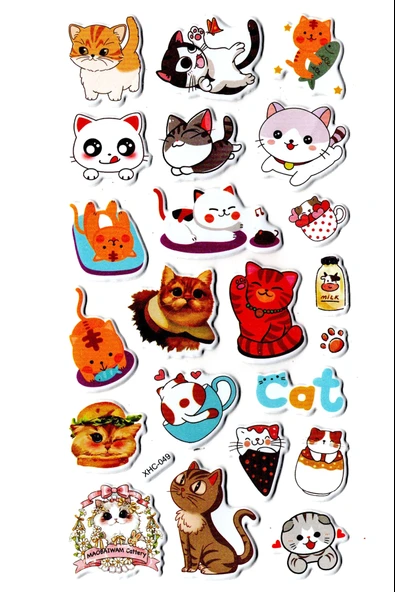 Sticker Kabartmalı Stiker Çıkartma Etiket (XHC049)-18x9 cm- Sevimli Kedi ürün görseli 1