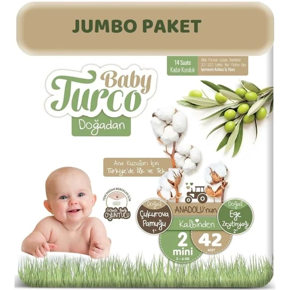 Baby Turco Bebek Bezi Doğadan 2 Beden 3-6 KG Mini Göbek Bağı Oyuntulu 42 Adet Jumbo Pk ürün görseli 1
