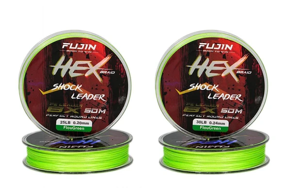 Fujin Hex Braid 8x Fluo Green PE İP Shock Leader 50 mt ürün görseli 1