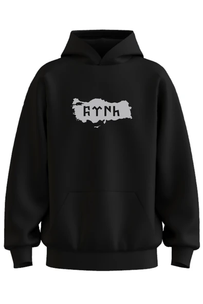 Oversize 'TÜRK' Baskılı Kapşonlu Hoodie Sweatshirt ürün görseli 1