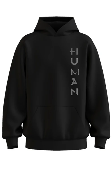 Oversize 'Human' Baskılı Kapşonlu Hoodie Sweatshirt ürün görseli 1