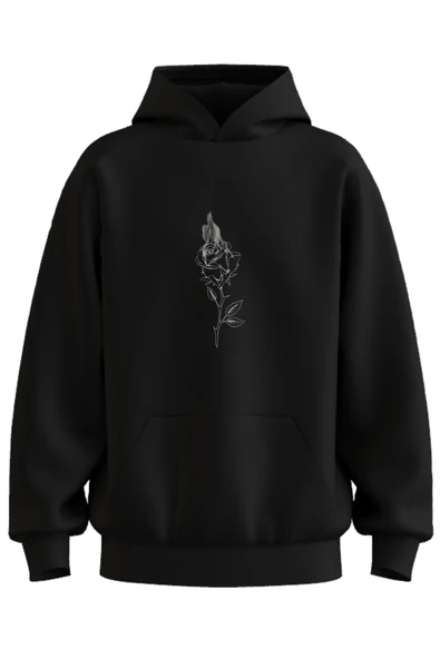 Oversize 'Fire Rose' Baskılı Kapşonlu Hoodie Sweatshirt ürün görseli 1