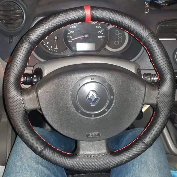 DİKİŞLİ DİREKSİYON KILIFI NOKTALI DERİ KARBON DERİ KIRMIZI YÜZÜK KIRMIZI DİKİŞLİ RENAULT MEGANE2 ürün görseli 1