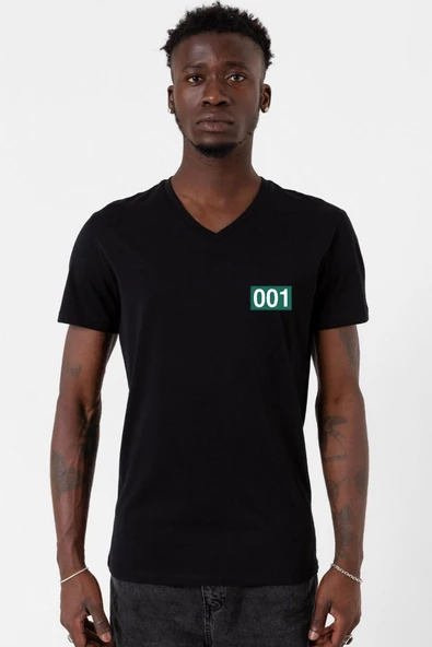 Squid Game Player 001 Siyah Erkek V yaka Tshirt ürün görseli 1