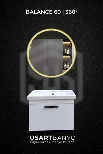 Balance 60 cm Beyaz Banyo Dolabı  360 Led Ayna 60x60 ürün görseli 1