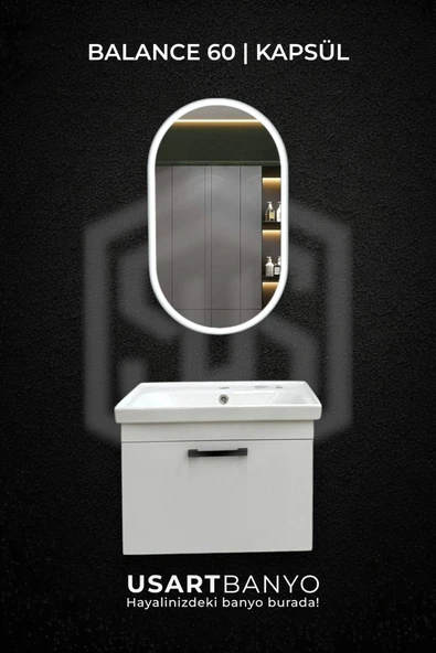 Balance 60 cm Beyaz Banyo Dolabı, Kapsül Led Ayna 80x45 ürün görseli 1