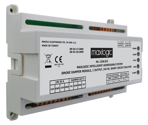Maxlogic ML-1356.SCI Akıllı Adresli Duman Damper Modülü, 1 Çıkışlı, 24V DC Kısa Devre İzolatörlü ürün görseli 1